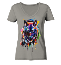 Lade das Bild in den Galerie-Viewer, Bunter schwarzer Wolf - Ladies V-Neck Shirt
