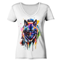 Lade das Bild in den Galerie-Viewer, Bunter schwarzer Wolf - Ladies V-Neck Shirt
