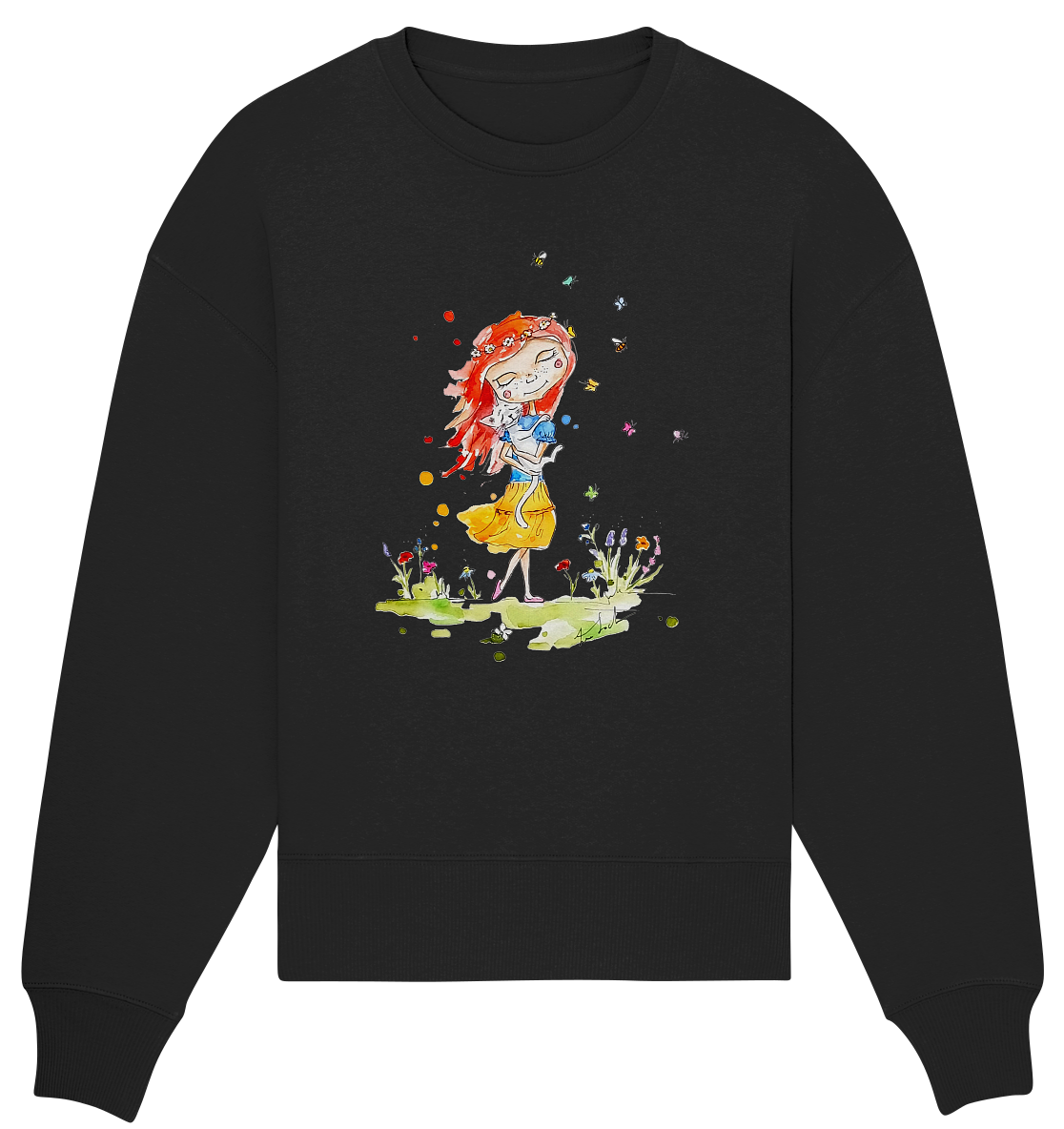 Sommerliches Mädchen mit Katze - Organic Oversize Sweatshirt
