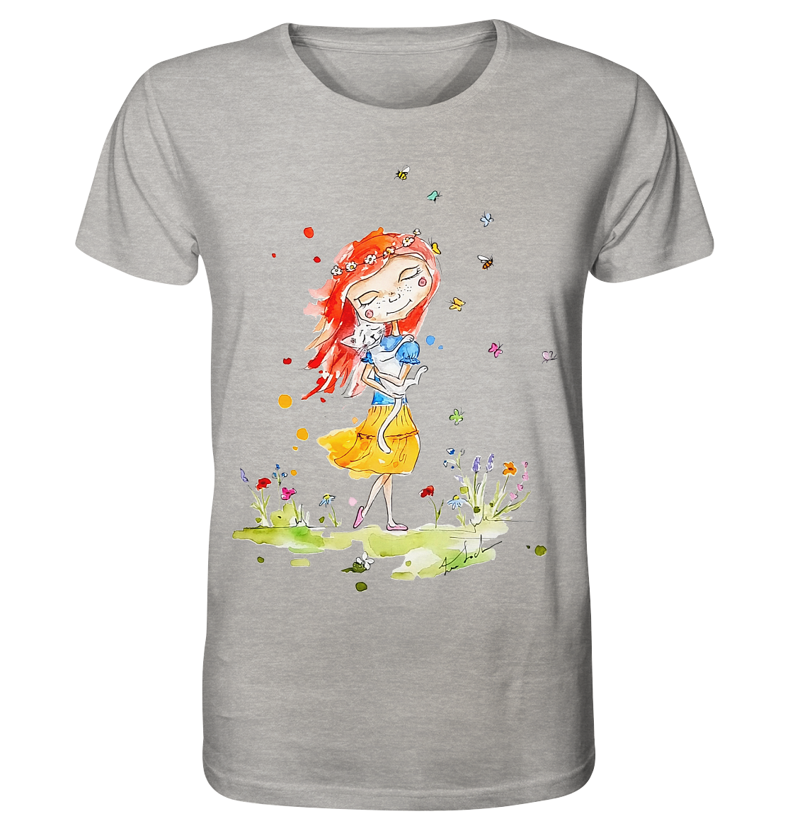 Sommerliches Mädchen mit Katze - Organic Shirt (meliert)