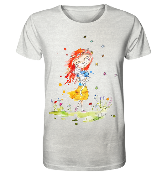 Sommerliches Mädchen mit Katze - Organic Shirt (meliert)