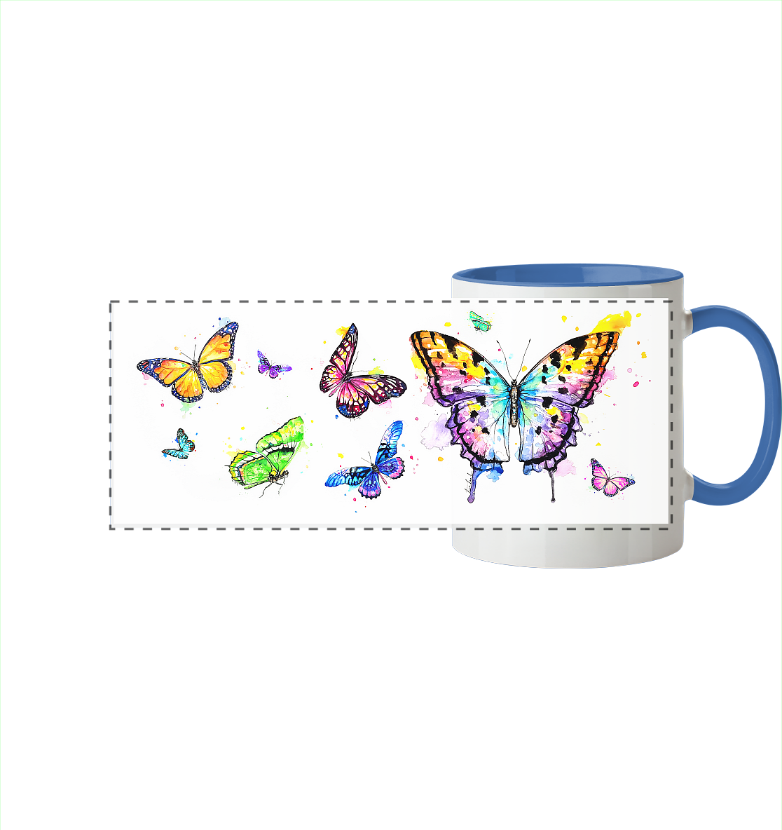 Trinkgefäße mit vielen bunten Schmetterlingen - Panorama Tasse zweifarbig
