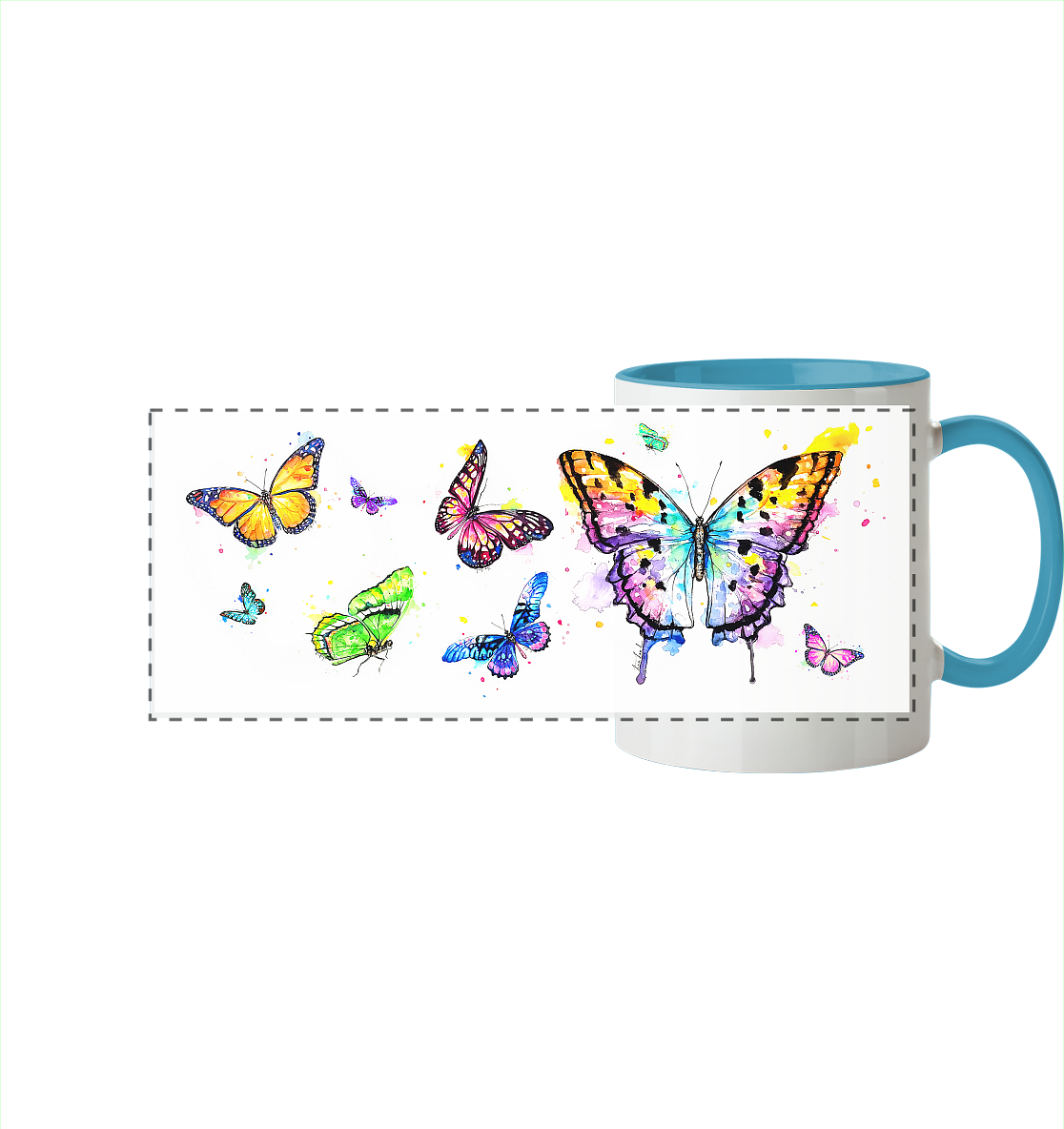 Trinkgefäße mit vielen bunten Schmetterlingen - Panorama Tasse zweifarbig