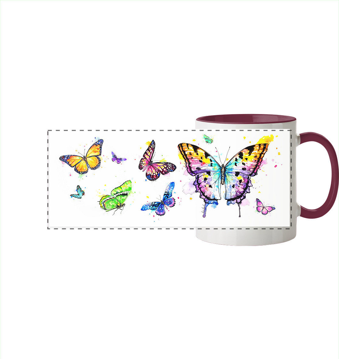 Trinkgefäße mit vielen bunten Schmetterlingen - Panorama Tasse zweifarbig