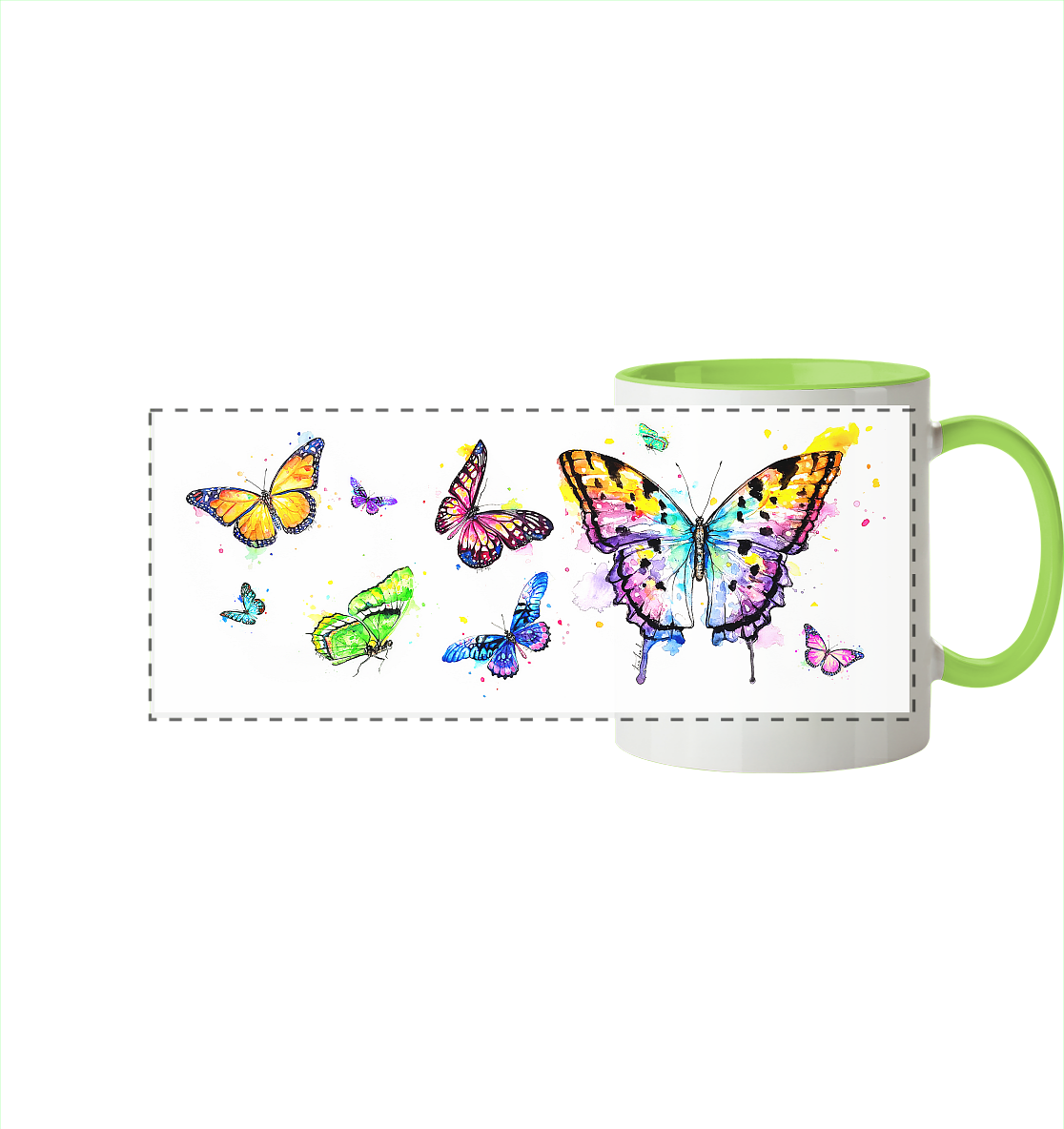Trinkgefäße mit vielen bunten Schmetterlingen - Panorama Tasse zweifarbig