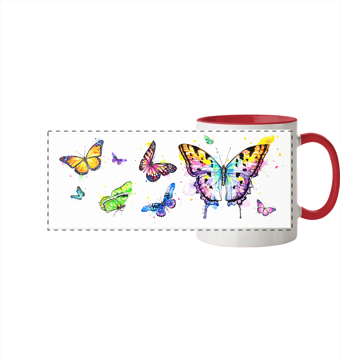 Trinkgefäße mit vielen bunten Schmetterlingen - Panorama Tasse zweifarbig
