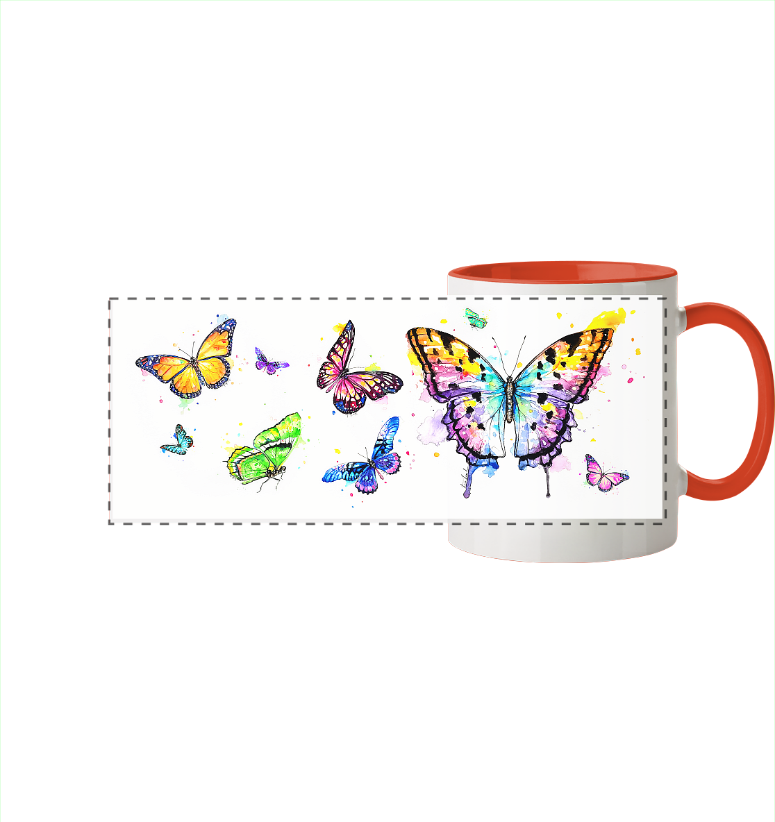 Trinkgefäße mit vielen bunten Schmetterlingen - Panorama Tasse zweifarbig