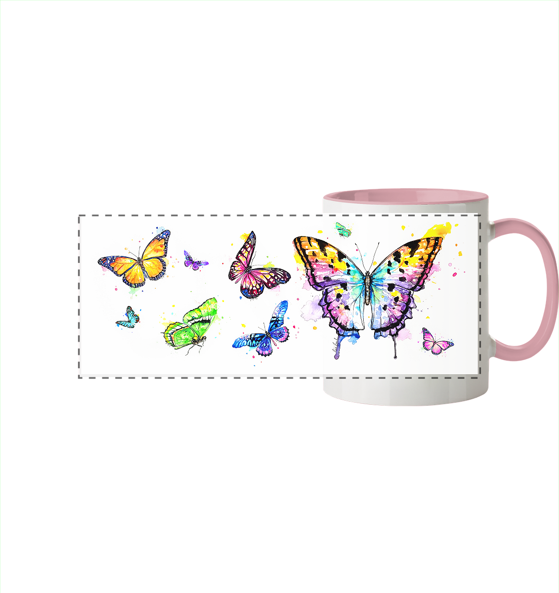 Trinkgefäße mit vielen bunten Schmetterlingen - Panorama Tasse zweifarbig
