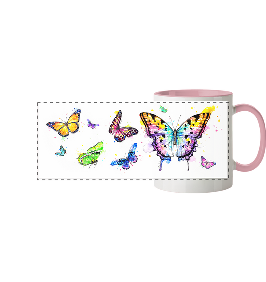 Trinkgefäße mit vielen bunten Schmetterlingen - Panorama Tasse zweifarbig