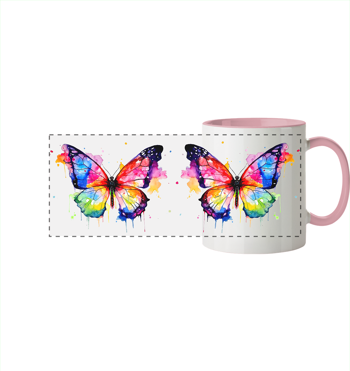 Tasse mit farbenfrohem Schmetterling in Aquarell - Panorama Tasse zweifarbig