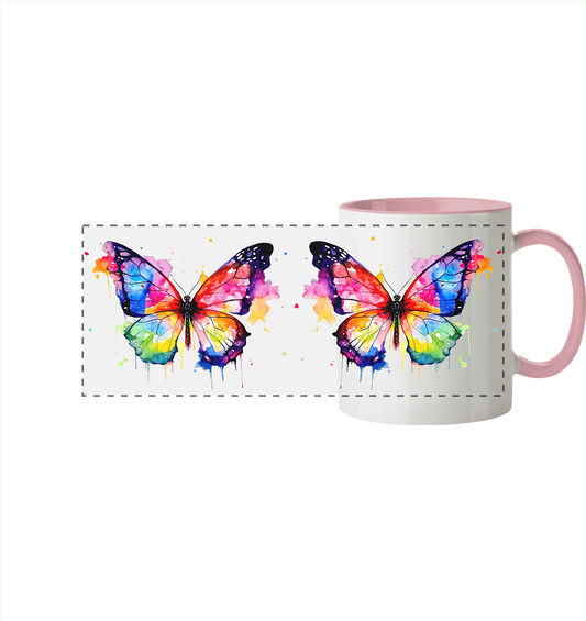 Tasse mit farbenfrohem Schmetterling in Aquarell - Panorama Tasse zweifarbig
