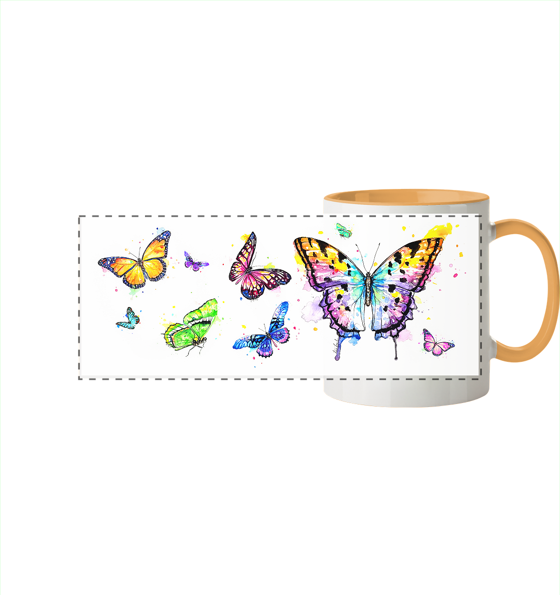 Trinkgefäße mit vielen bunten Schmetterlingen - Panorama Tasse zweifarbig