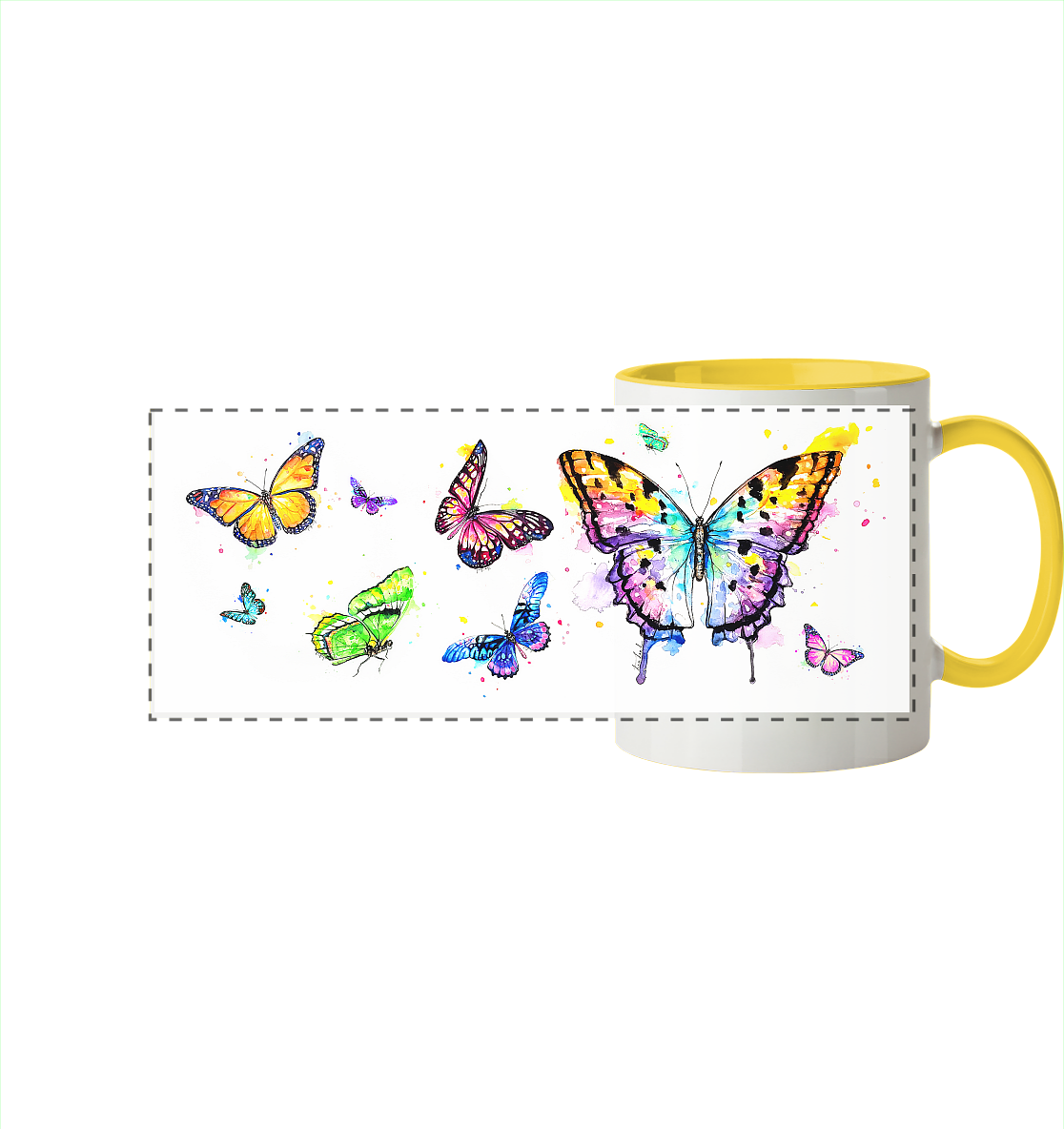 Trinkgefäße mit vielen bunten Schmetterlingen - Panorama Tasse zweifarbig