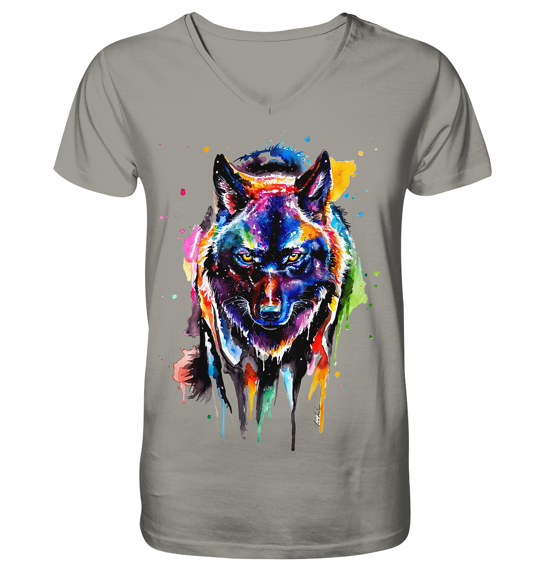 Bunter schwarzer Wolf - V-Neck Shirt