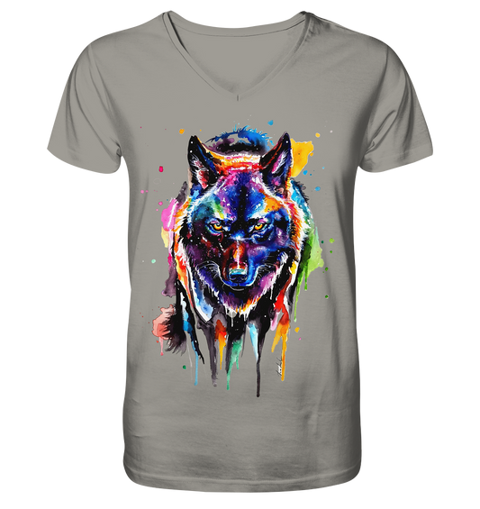 Bunter schwarzer Wolf - V-Neck Shirt