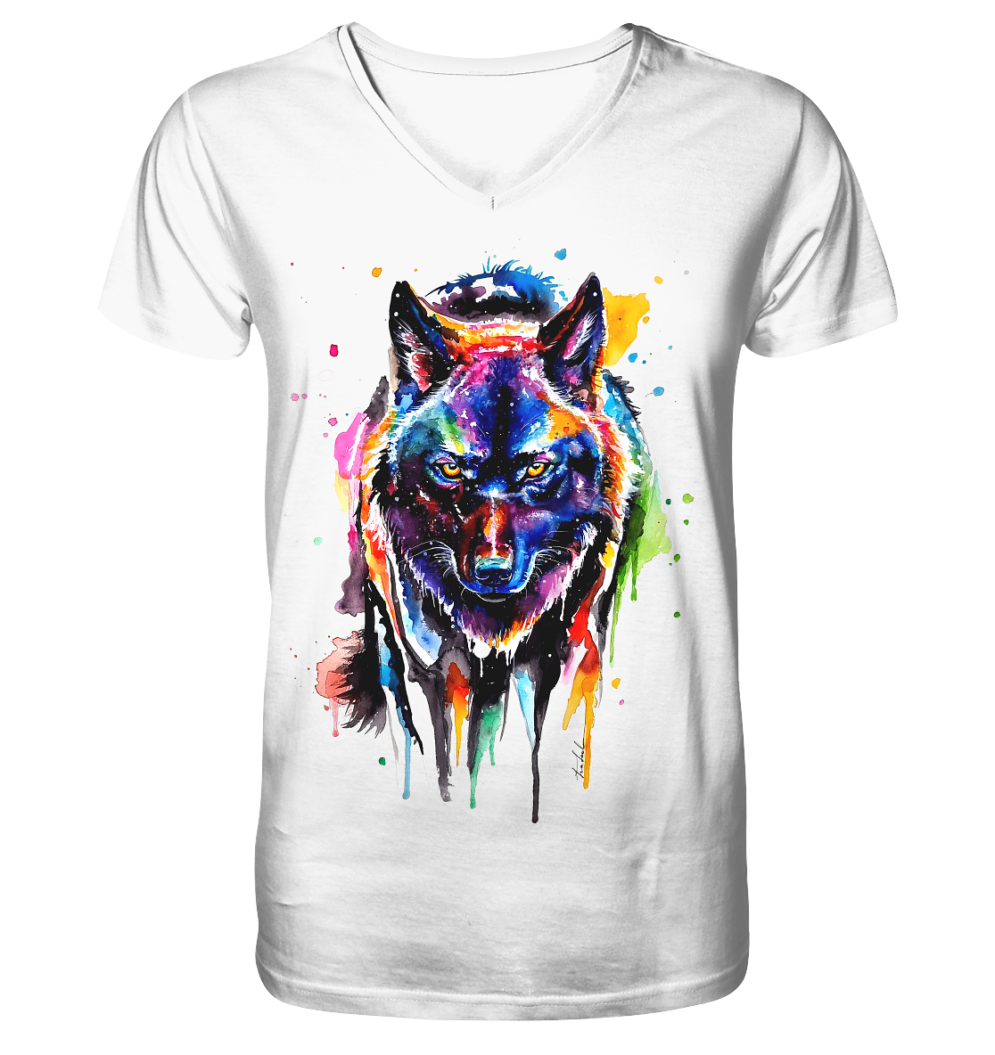 Bunter schwarzer Wolf - V-Neck Shirt