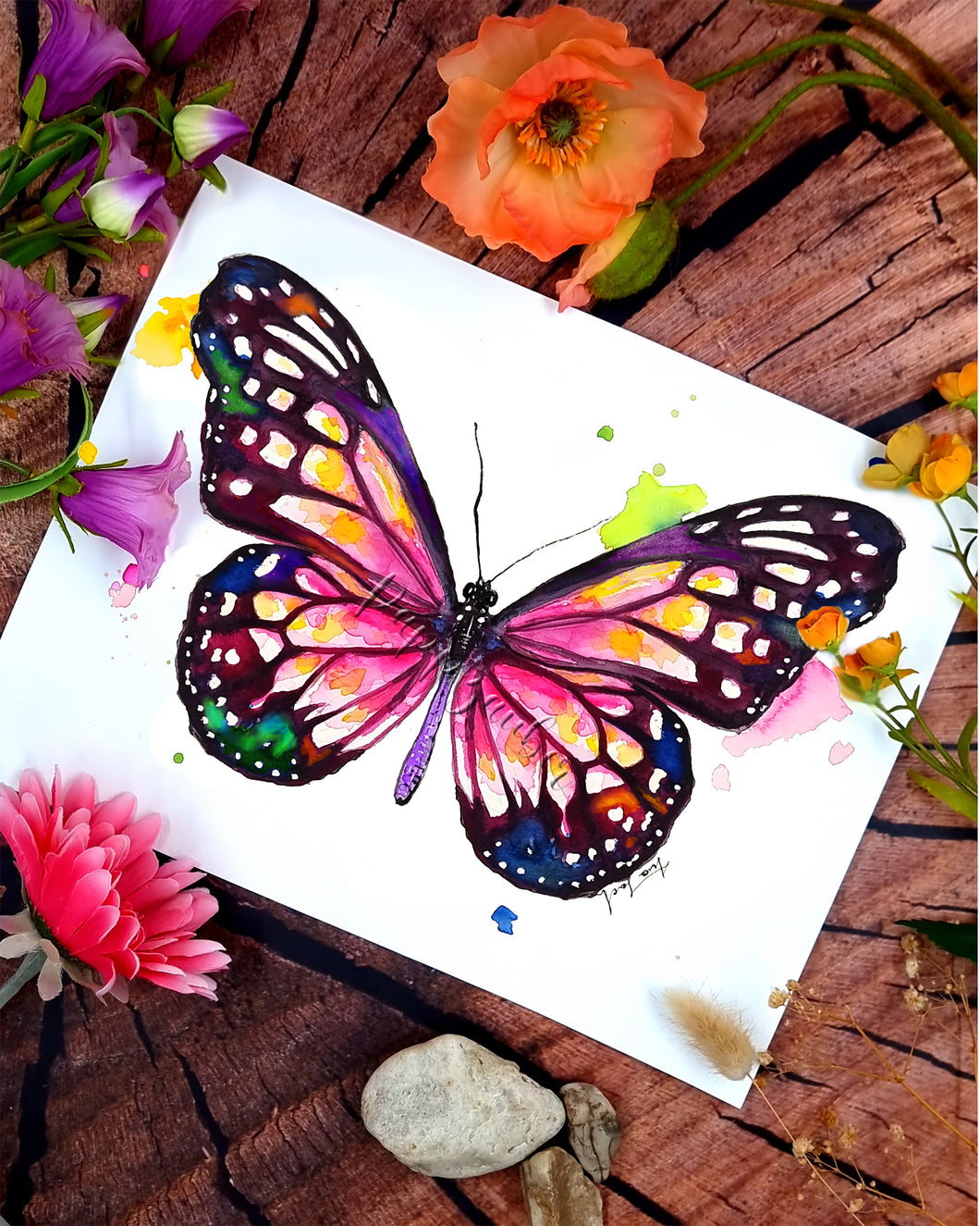 Pinker Schmetterling in Aquarell - Kunstdruck
