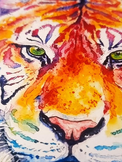 Tiger in Aquarell  - farbenfroher Kunstdruck