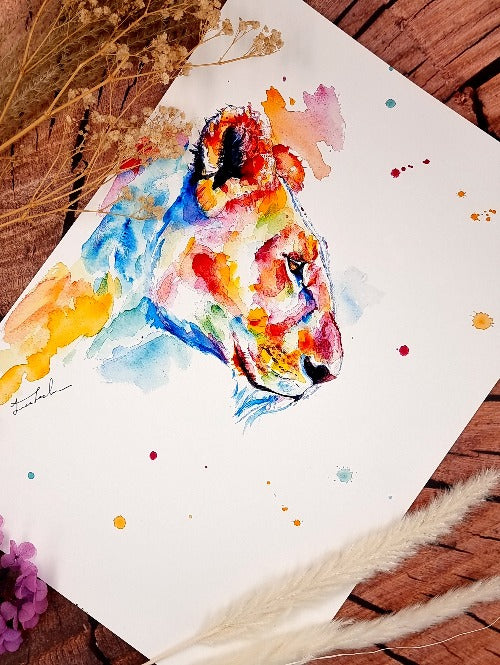 Bunter Aquarell Kunstdruck - Löwin Sana