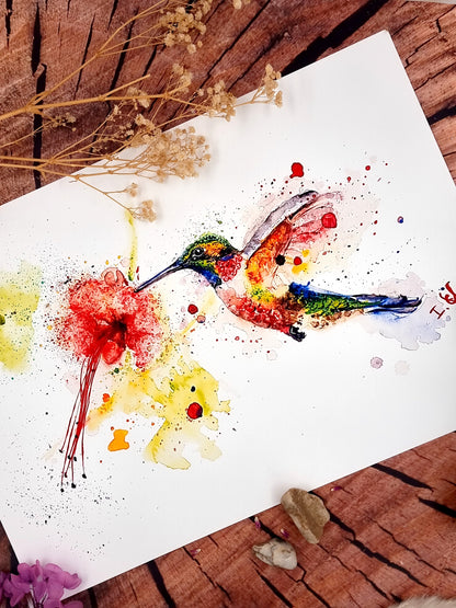Farbenfroher Kolibri in Aquarell - Kunstdruck - Kolibri Tilia