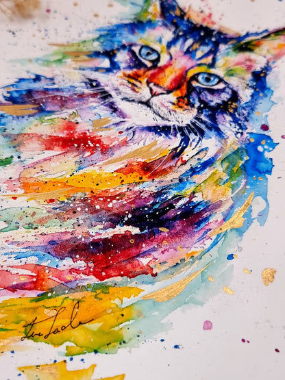 Katze in Aquarell - Bunter Kunstdruck - Katze Luzy