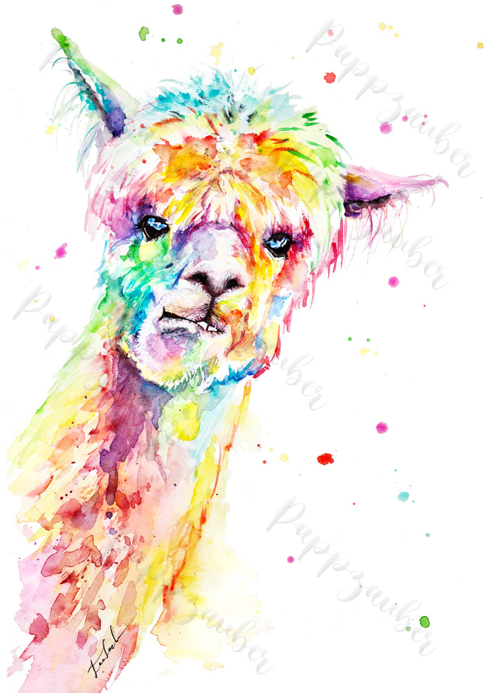 Alpaka in Aquarell - Bunter Kunstdruck - Alpaka Maurice