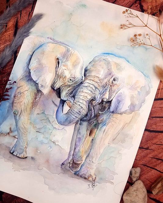 Aquarell-Bild als Kunstdruck  - A und B - Elefantenliebe