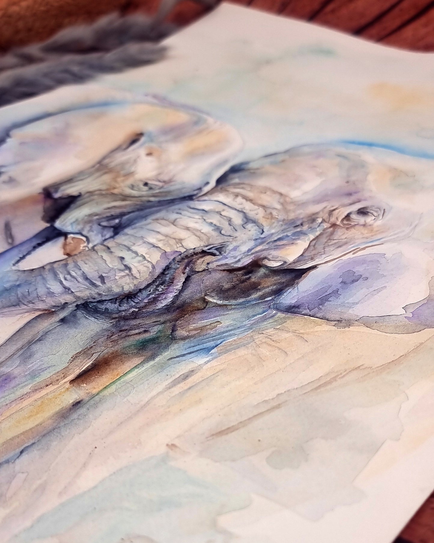 Aquarell-Bild als Kunstdruck  - A und B - Elefantenliebe