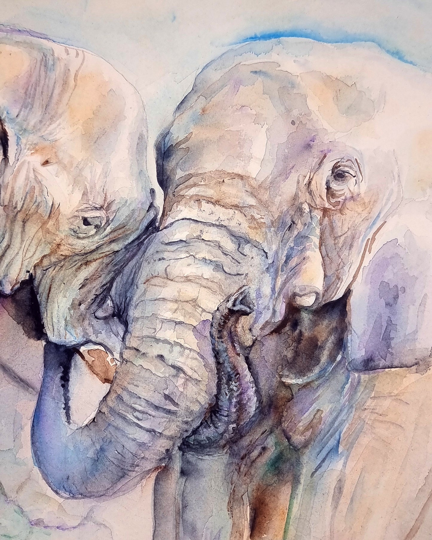 Aquarell-Bild als Kunstdruck  - A und B - Elefantenliebe