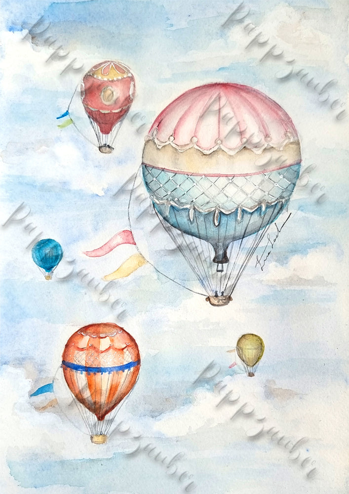Heißluftballons in Aquarell - Kunstdruck - Montgolfière