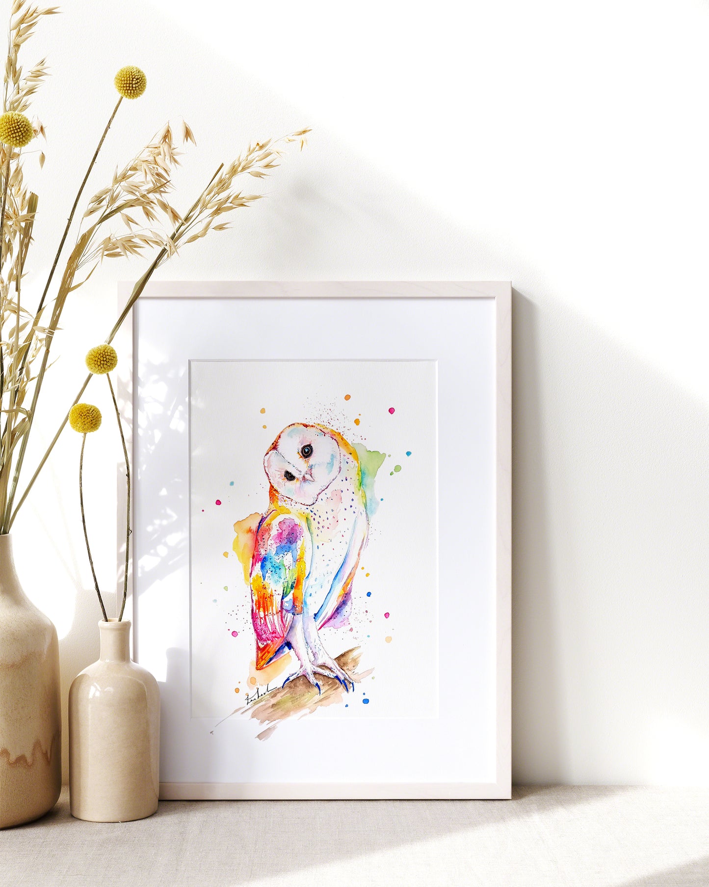 Schleiereule - farbenfroher Aquarell Kunstdruck -  Olina