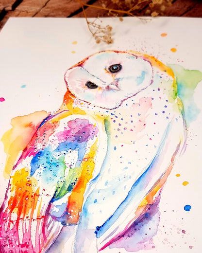 Schleiereule - farbenfroher Aquarell Kunstdruck -  Olina