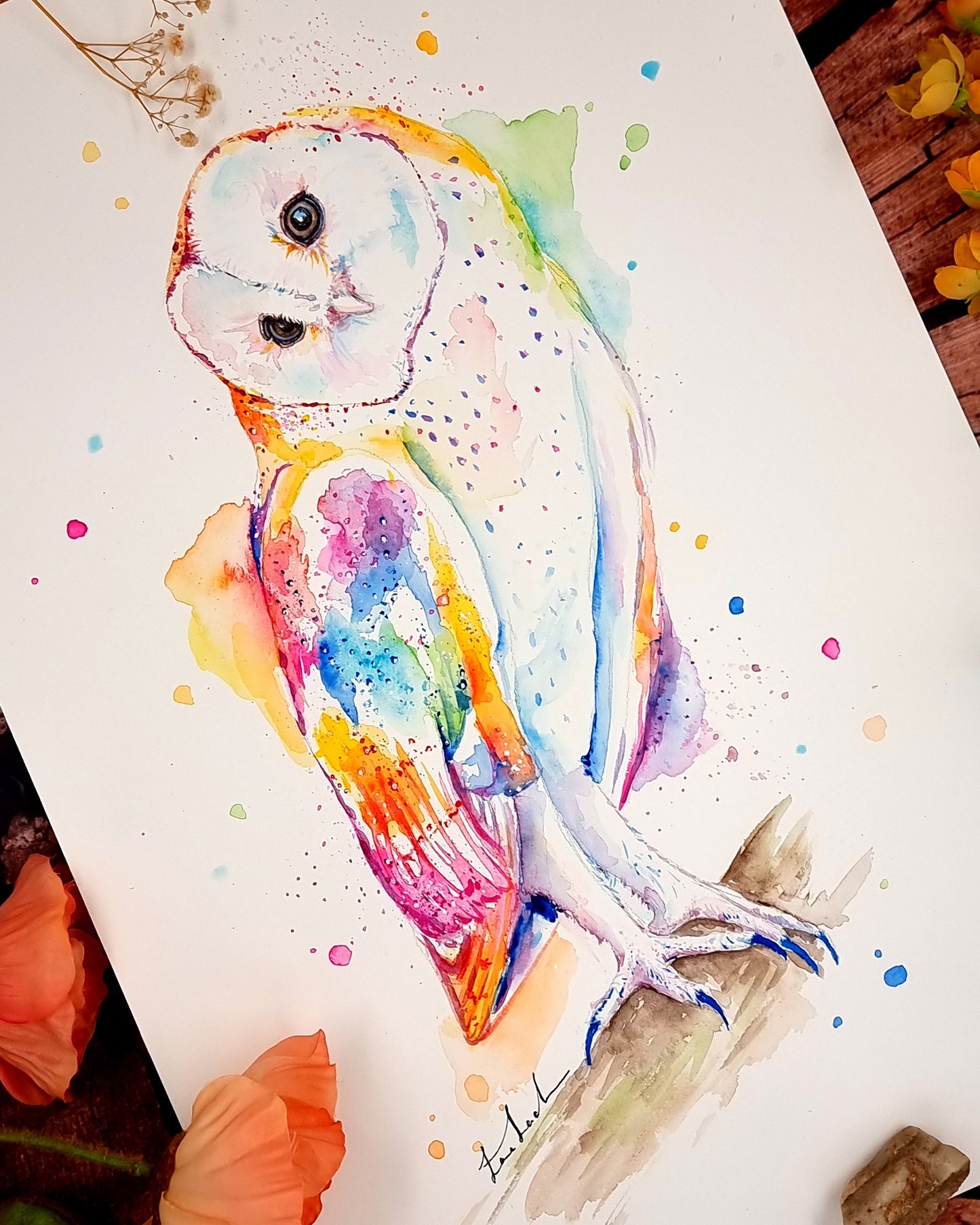 Schleiereule - farbenfroher Aquarell Kunstdruck -  Olina