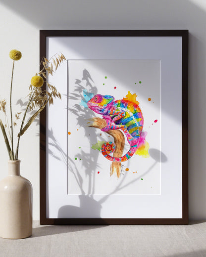 Buntes Chamäleon in Aquarell - Farbenfroher Kunstdruck  - Chamäleon Freyja