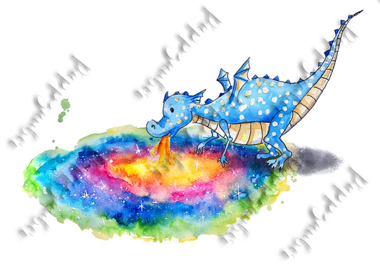 Drache Tiu speit Regenbögen - Aquarell Kunstdruck