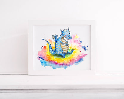 Drache Tiu sitzt - Aquarell Kunstdruck