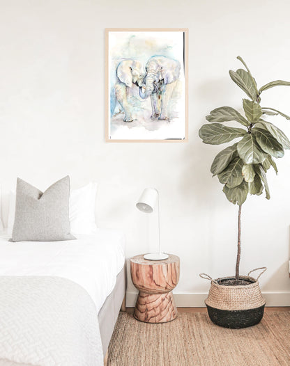 Aquarell-Bild als Kunstdruck  - A und B - Elefantenliebe