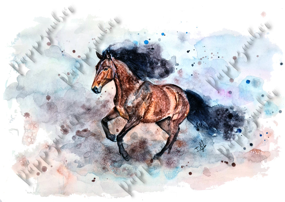 Pferd in Aquarell im Galopp - Farbenintensiver Kunstdruck - Pferd Fame