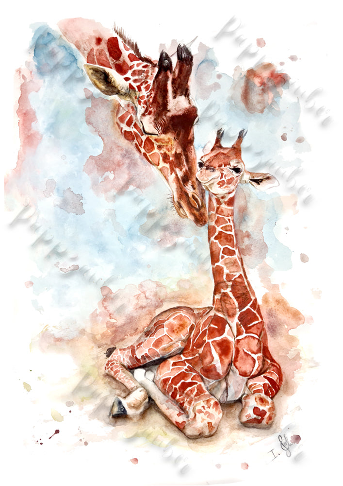 Giraffen in Aquarell - Mama und Tochter als Kunstdruck - Lara und Marita