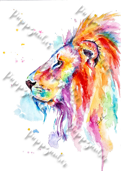 Bunter Löwe in Aquarell  - Farbenfroher Kunstdruck -Löwe Harvey