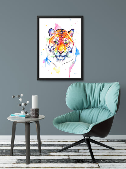Tiger in Aquarell  - farbenfroher Kunstdruck